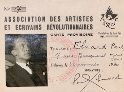 Association des Écrivains et Artistes Révolutionnaires. Membership card for Paul Eluard. 1930